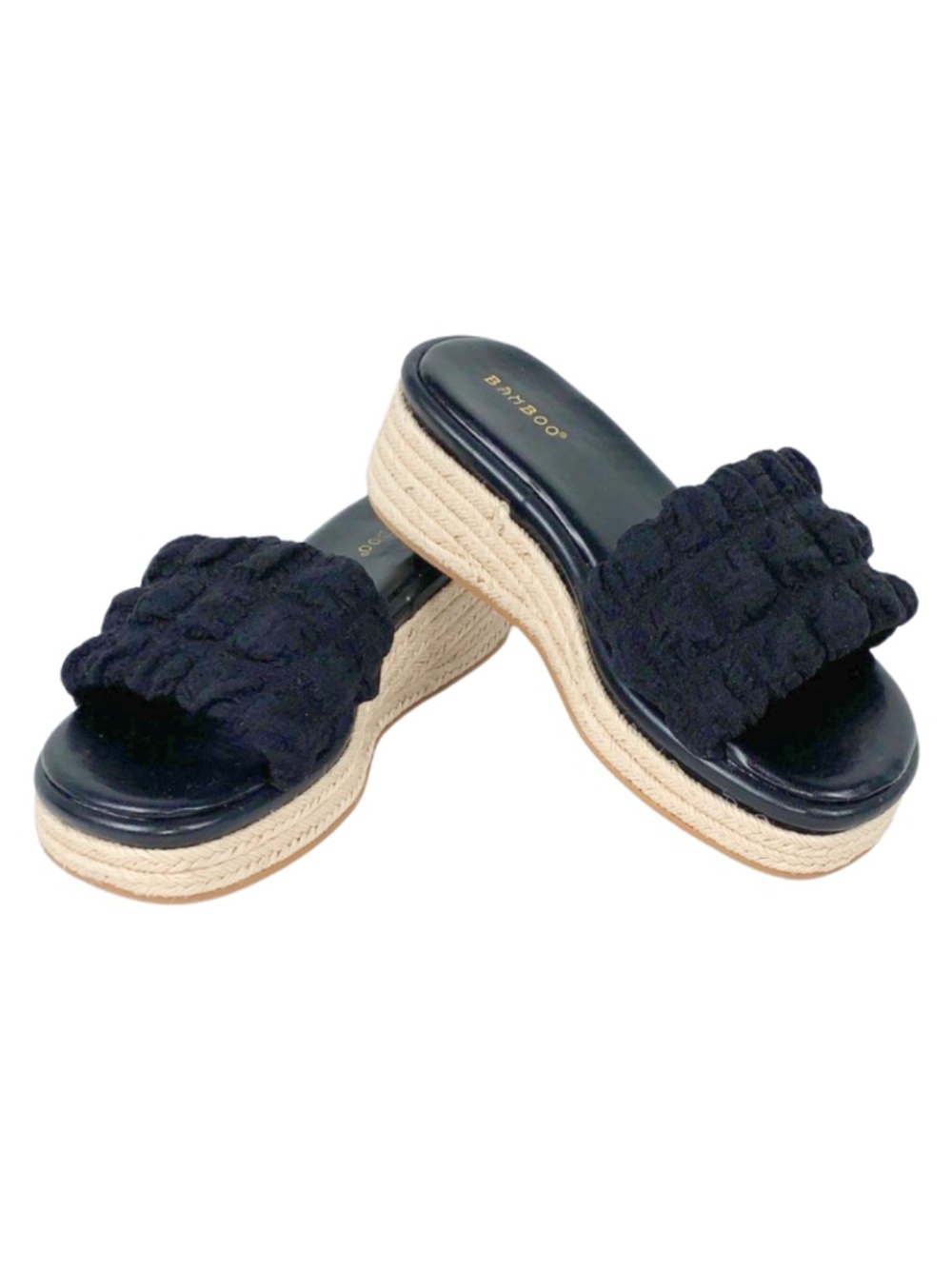 BAMBOO Black Scrunched Wedge Sandals Women's Size 8.5 Boho